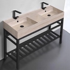 Modern Double Console Sink Vanity, Travertine Style Sink, 48 inch